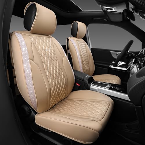 CAR PASS Beige Leather Bling Car Seat Covers Full Set, Luxury Microfiber Nappa PU Cushioned, Waterproof Anti-Slip Universal Fit for Auto SUV Sedan Sparkly Glitter Shining Rhinestone, Beige Diamond - color: Beige Diamond, size: Full Set