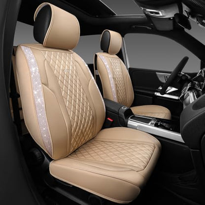 CAR PASS Beige Leather Bling Car Seat Covers Full Set, Luxury Microfiber Nappa PU Cushioned, Waterproof Anti-Slip Universal Fit for Auto SUV Sedan Sparkly Glitter Shining Rhinestone, Beige Diamond - color: Beige Diamond, size: Full Set