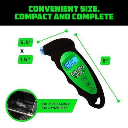 Rhino USA Digital Tire Pressure Gauge 150 PSI, 4 Ranges, Ergonomic Design w/Lighted Nozzle & LCD Backlit Display - Certified Accurate Readings, Best Digital Gage (Green) - color: Green