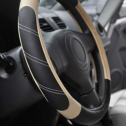 Elantrip Steering Wheel Cover Leather 15 1/2 to 16 inch Universal Large Soft Grip Breathable for Car Truck SUV Jeep Anti Slip Beige - color: Black and Beige, size: 15 1/2 - 16 inch