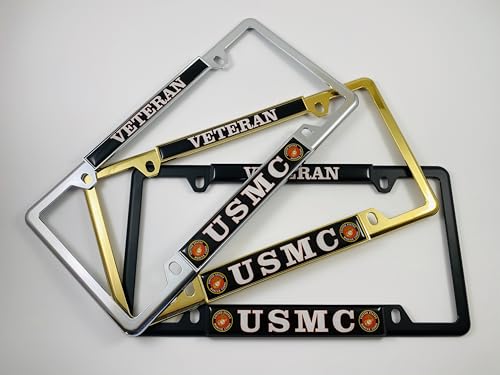 [Officially Licensed US Marine Corps Product] - USMC Veteran - Domed Custom-Made Personalized Narrow (Thin) Top 4 Hole Metal Car License Plate Frame with Free caps - Black Frame (Qty: 1) - color: Black - Style 1