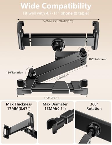 Car Headrest Tablet Holder, Lockable 3-in-1 Extension Arm Tablet Mount for Car Backseat, 360° Rotation, Fits iPad Pro Air Mini, Fire HD, 4.7-13" Tablets, Road Trip Essentials for Kids
