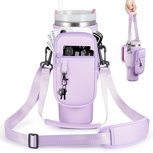 BULKITEM Water Bottle Carrier Bag with Phone Pocket for Stanley 40 & 30 oz Tumbler with Handle,Pink Insulated Neoprene Cup Holder Pouch w/Adjustable Strap for Quencher H2.0 Stanley Cup Accessories - color: Purple, size: 30oz