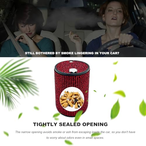 Bling Car Ashtray with Lid, Rhinestones Fireproof Auto Cup Holder Cigarette Ash Tray, Smokeless Crystal Diamond Ashtray Mini Trash Can for Women Girls, Car Accessories (Red) - color: Red