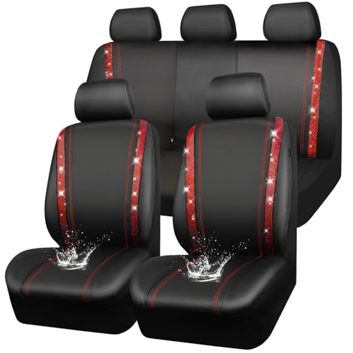 CAR Pass Bling Car Seat Covers Full Set, Shining Rhinestone Diamond Waterproof Faux Leather, Rear with Zipper, Universal Fit Automotive Glitter Crystal Sparkle Strips for Women Girl, Black Red - color: Red Diamond, size: Full Set