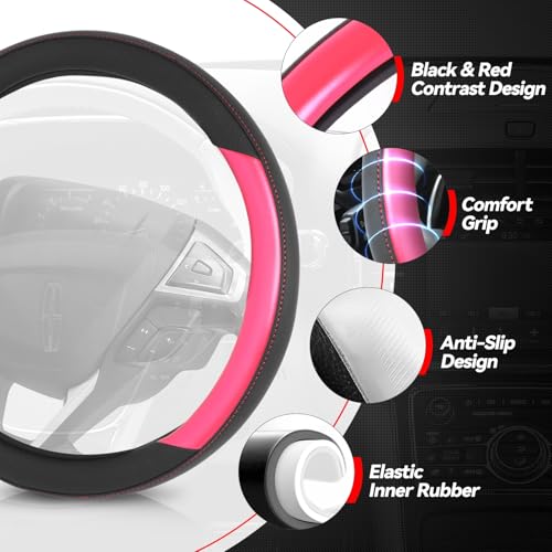 Auto Dynasty Steering Wheel Cover, Breathable Microfiber Leather Car Steering Wheel Protector with Black Red Contrast Stitching, Anti-Slip, [14 1/2 to 15 Inches] Universal Fit Cars Trucks SUVs - color: Contrast Red