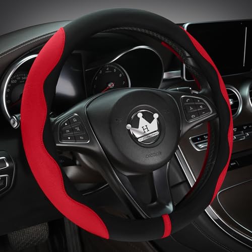 HighnessHwoo Luxury Suede Steering Wheel Cover for Cars, Soft Leather Padded Wheels Cover for F150, Trucks, Jeep, Van, Auto Thin Large Car Handle Cover, Universal Fit, Anti Slip, 15.2-16in, Red - color: Red+Black, size: Large Size[15.2-16"](38.6-40.5cm)