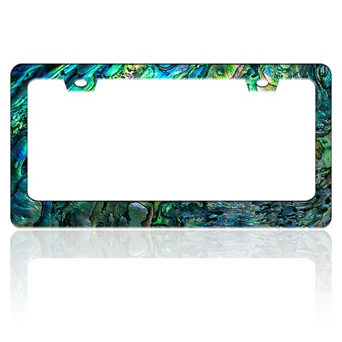 Faux Abalone License Plate Frame Funny Stainless Steel License Plate Holder for Front or Rear Car Tags for Car Decoration Accessories Rust-Proof with Screws 6.3 X 12.2 in for Women Men - color: Faux Abalone