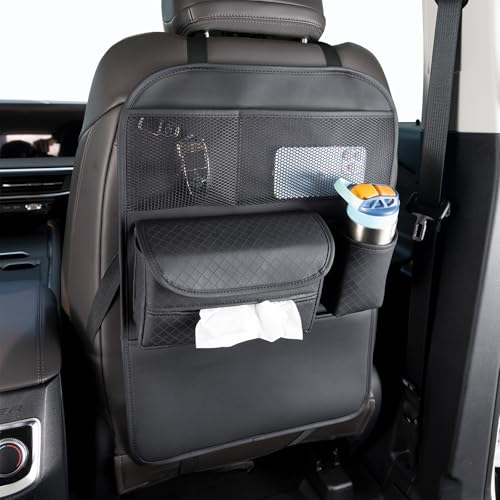 PU Leather Car Seat Back Organizer with Kick Mat Protectors, Tissue Box Storage, Cup Holder, Phone Holder for Road Trips. (Black)