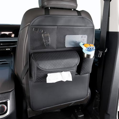PU Leather Car Seat Back Organizer with Kick Mat Protectors, Tissue Box Storage, Cup Holder, Phone Holder for Road Trips. (Black)