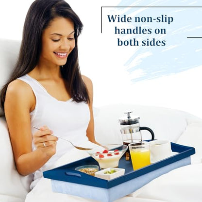 Tioncy 1 Piece Bamboo Lap Tray with Detachable Pillow 16.9'' x 13'' Lap TV Trays Desk with Handles for Adults Eating in Recliner Breakfast Housewarming Gift (Blue) - color: Blue