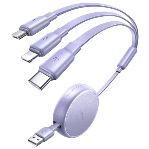LISEN 3 in 1 Retractable Car & iPhone Charger Cord, Type C/L/Micro USB for iPhone/Samsung/PS/Kindle, Purple - color: Purple