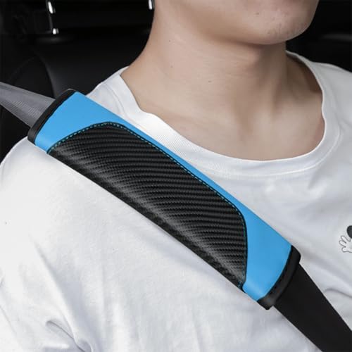 2PCS Carbon Fiber Car Seat Belt Cover, Leather Comfortable Soft Vehicle Seatbelt Pad for Shoulder & Neck, Automotive Interior Seat Strap Cushion Mat, Universal Fit (Black/Blue) - color: Black/Blue