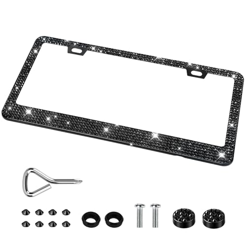 QUANQIUFEI 1 Pack Bling License Plate Frames, Sparkly Rhinestone Diamond Car License Plate Cover for Women, Stainless Steel Car Accessories with Glitter Crystal Caps (1 Pack Black) - color: 1 Pack Black