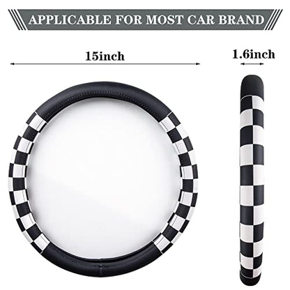 Evankin Lattice Leather Steering Wheel Cover, Black and White Checker Car Accessories, Non-Slip and Comfortable Unisex Universal Steering Wheel Cover 15 inch for Women Men (Black and White Checker) - color: leather Black and White Checkered