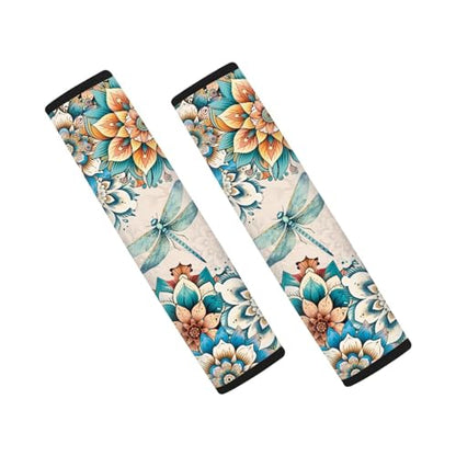 UNICEU Bohemian Floral Dragonfly 2 Piece Car Seat Belt Pads for Women Kids, Neoprene Soft Auto Seatbelt Shoulder Covers Vehicle Accessories, Universal - color: Boho Flower Dragonfly