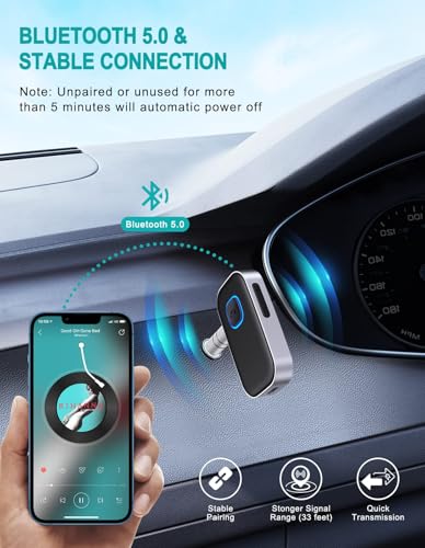 WOCBUY Bluetooth Car Adapter, WOCBUY 3.5mm AUX Bluetooth Receiver for Music Streaming, Wireless Music Audio Adapter with Built-in Mic, Home Stereo, Speakers (Handsfree Car Kits, 16H Playtime)