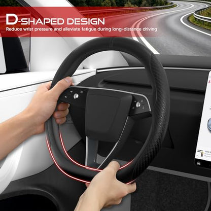 Ultra-Thin Nappa Leather Steering Wheel Cover for Tesla Model 3/Y 2016-2025, Non-Slip Textured Breathable Tesla Model 3/Y Steering Wheel Protector - color: Carbon Fiber