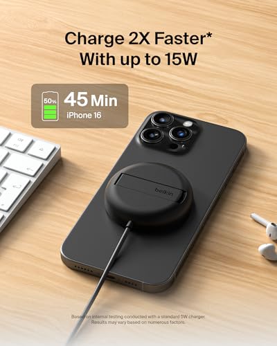 Belkin Magnetic Wireless Charging Pad Qi2 15W w/Kickstand - MagSafe-Compatible Qi2-Certified Wireless Charger for iPhone 17 Series, Samsung Galaxy S25 Series, AirPods (No PSU) - Black - style: No Power Supply (Gen2)
