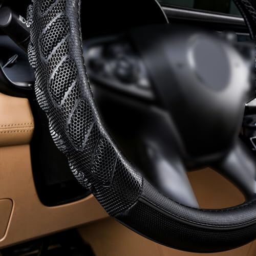 Flying Banner car Steering Wheel Cover Faux Leather Massage Universal fit 3D Honeycomb Hole Anti-Slip Sporty 15 Inches (Black Black) - color: Black black