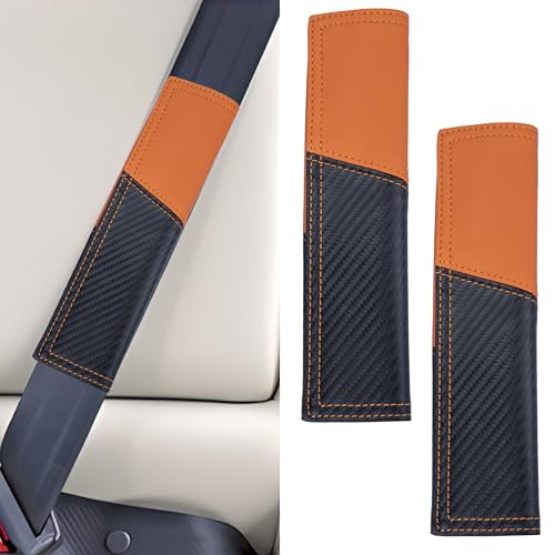 ecocstm 2 PCS Car Seat Belt Cover Pad, Carbon Fiber Safety Seatbelt Shoulder Strap Covers, Breathable Leather Soft Harness Pad, Interior Car Accessories, Universal for SUV, Truck, RV (Orange&Black - color: Orange