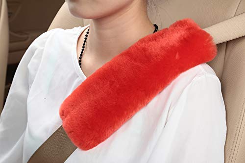 U&M 2 Pack Genuine Sheepskin Auto Seat Belt Cover for Adult Youth Kid Toddlers -Soft Warm Car, Truck, SUV, Camera Backpack Strap Shoulder Pad Wool Fluffy - color: orange red