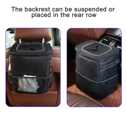 Car Trash Can with Lid and Storage Pockets, Leakproof Waterproof Vehicle Garbage Bin Organizer, Multipurpose Portable Auto Dustbin Container, Universal for SUV, Truck, RV