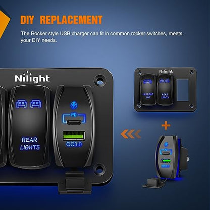 Nilight Rocker Switch Style USB Outlet Socket Fits Panel 4.2A PD Type C and QC 3.0 12V 24V Fast Socket Dual Outlets Port for Cars Boats Trucks RVs - style: Type C + USB