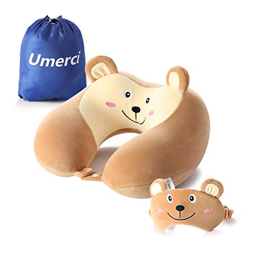 Umerci Travel Pillow, Memory Foam Neck Pillow with 360-Degree Head Support Comfortable Airplane Pillow with Storage Bag Lightweight Traveling Pillow for Sleeping, Car, Train, Bus and Home Use (Bear)