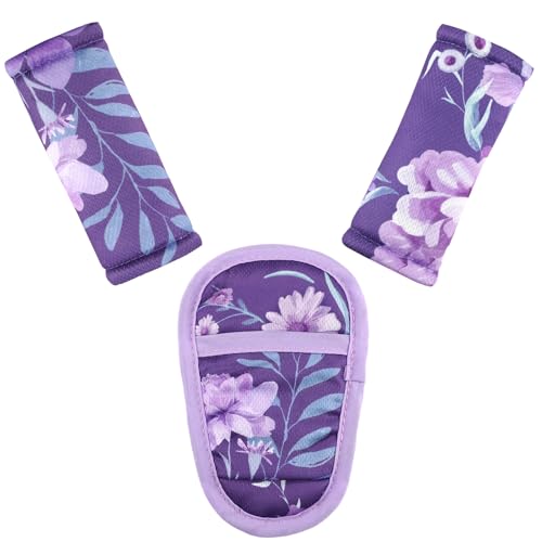Baby Car Seat Strap Pads Suit, 3 Pieces Soft Car Seat Strap Shoulder Covers for Baby Infant Toddler, Double-Sided Car Seat Belt Covers for Stroller, Pushchair, Baby Swing, Purple Floral - color: purple floral