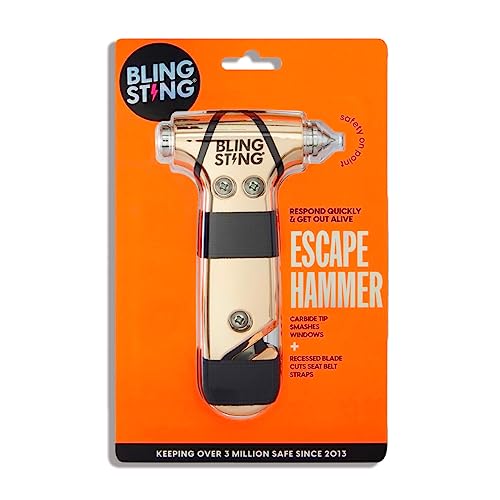 BLINGSTING Safety Hammer - Emergency Automotive Escape Tool with Window Breaker, Seat Belt Cutter & Adjustable Car Visor Strap - Tempered Glass Breaker - Steel Blade - Rose Gold (1 Count) - color: Rose Gold 1