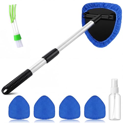 FoldTier 8 Pcs Car Windshield Cleaner Kits with Extendable Handle, 5 Microfiber Towel Pads, 1 Brush, 1 Empty Spray Bottle for Auto Glass Wiper Suvs Rvs & Home Windows(Blue) - color: Blue