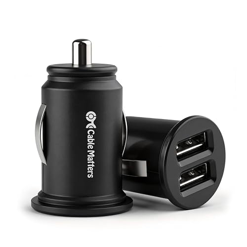 Cable Matters 2-Pack 10W 2A Flush Mount Mini Dual USB Car Charger with Smart Charging Chipset for iPhone 16/15 Pro Max Plus, Samsung Galaxy S23, S23 Ultra, Google Pixel 7a, Pixel 7 Pro, and More