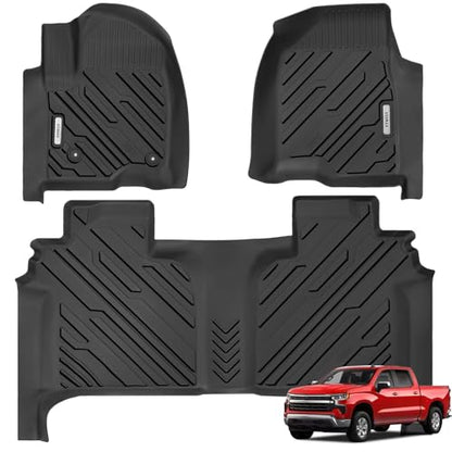 All Weather Floor Mat for 2019-2026 Chevy Silverado/GMC Sierra 1500 Crew Cab 2020-2026 SLV/SRA 2500 3500 HD Crew Cab with Factory Carpeted Storage,TPE Car Mat Full Set 1st & 2nd Row All Weather - size: Chevy, style: 19-26 Chevy Silverado