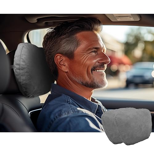 2pcs Car Neck Pillow for headrests,Support Drive Seats Head Cushion Pillows,Superfiber Suede,Plant-Based Polyester,Thickness & Height Adjustable,11.8x7.5,Inner Liner fillable(Grey) - color: Grey, size: Car Neck Pillow (2 Pack)
