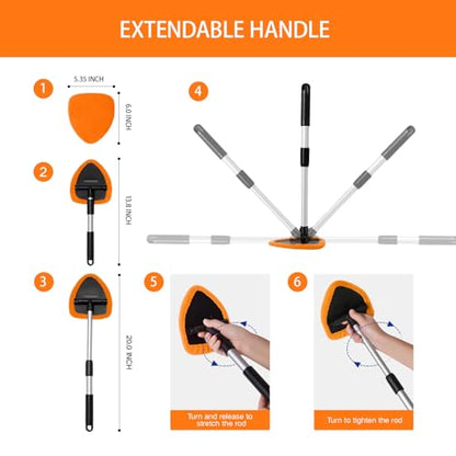 Qydipclin 10pcs Windshield Cleaning Tool Inside Car Window Cleaner Wash Kit with 4 Reusable Microfiber Pads 1 Spray Bottle and Extendable Handle Interior Auto Glass Wiper Kit, Orange - color: Orange