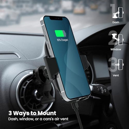 QUIKCELL DriveDock Charge Wireless Car Mount, 15W Fast Charging, 3-Way Mounting for Dash, Window, Vent