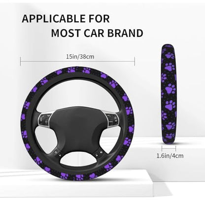 Purple Paw Print Steering Wheel Cover Dog Paw Print Steering Wheel Cover Anti-Slip Breathable Universal for 15 Inch Car with 2 Pieces Car Coasters Suitable for Men Women - color: Purple Paw Print1