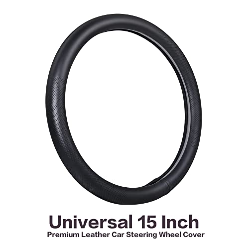 Car Steering Wheel Cover,Universal 15 Inch Premium Leather Car Steering Wheel Cover,Best Grip,Perforated Design,Breathable,Non-Slip,Sweat-Absorbent,Warm in Winter and Cool in Summer (Black) - color: Black