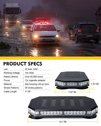 LUMENIX 42 LED Roof Top Strobe Beacon Light Bar Hazard Warning Emergency Flashing Firefighter Lights with Controller for First Responder Vehicles Fire Trucks Snowplow White Red (Patent Design) - color: White Red