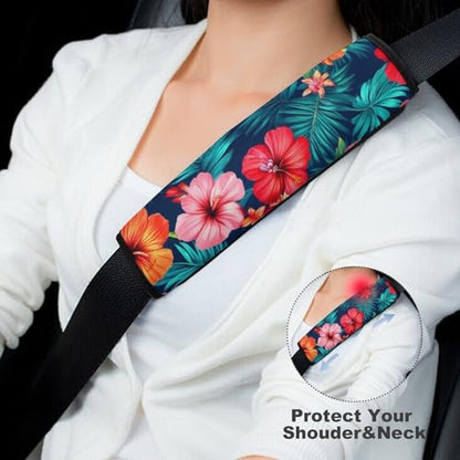 Men's Comfortable Cushion Pad Car Shoulder Strap, Hawaiian Colorful Hibiscus Flowers Tropical Palm Tree Leaves Harness Pad Car Belt Covers - color: Color848