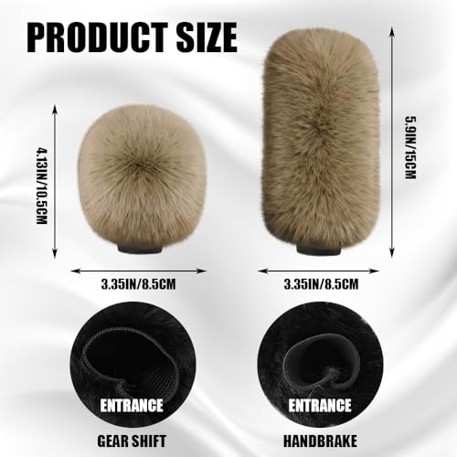 2PCS Plush Car Gear Shift Knob Cover & Handbrake Cover, Shift Knob Protector, Soft Fluffy Gear Handbrake Protective Sleeves, Shifter Lever Brake Handle Warm Plush Set for Cars (Khaki) - color: Khaki