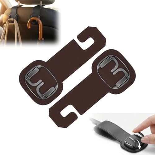 Car Seat Hooks for Headrest, 2 Pack Universal Leather Purse Holder with Double Metal Hooks, Car Back Seat Storage Organizer Hook for Handbags, Grocery Bags, Bottles (Brown- 2PCS) - color: Brown- 2PCS