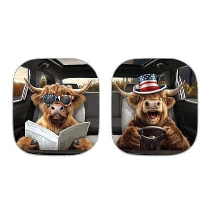 Windshield Sun Shade Sun Shield for Front Window Blocks UV Rays, Foldable Drive Highland Cow US Flag Sunshade Universal for Cars, Heat Reflector Keep Your Vehicle Cool, 2pcs - color: Drive Highland Cow US Flag