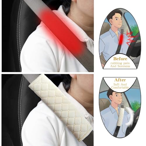 Yumikoo Plush Seat Belt Pads - Set of 2 Cozy & Soft Car Seat Belt Cushions for Comfortable Travel - Perfect for Road Trips and Airplane Rides (White) - color: white