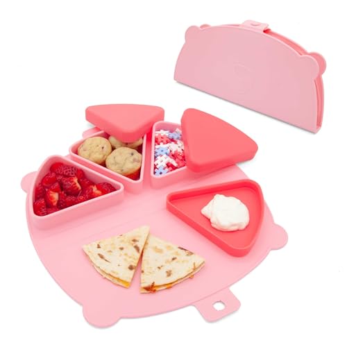 Silicone On-The-Go Snack Mat – Foldable Reusable Placemat with 3 Compartments and Lids – Travel-Friendly Baby and Toddler Snack Plate – Dishwasher Safe (Cotton Candy) - color: Cotton Candy
