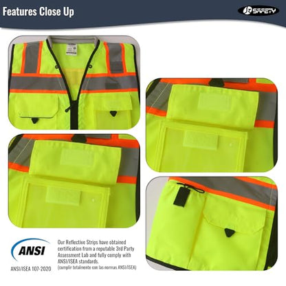 JKSafety Hi-Vis Unisex Surveyor Safety Vest Heavy Duty PPE Inner Pockets ANSI/ISEA Compliant - color: 188-yellow, size: Medium