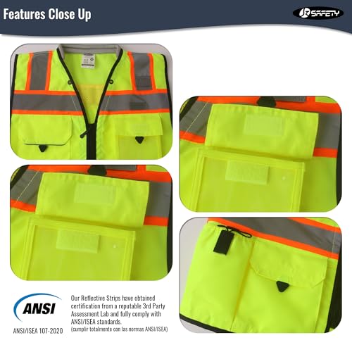 JKSafety Hi-Vis Unisex Surveyor Safety Vest Heavy Duty PPE Inner Pockets ANSI/ISEA Compliant - color: 188-yellow, size: X-Large