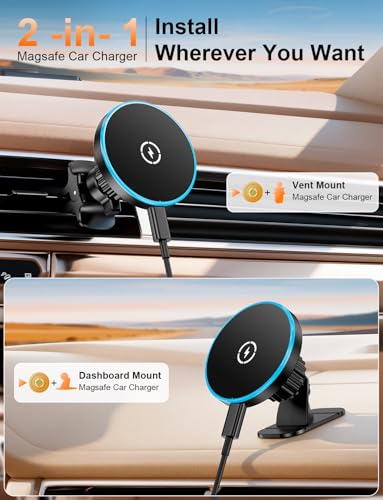 for Magsafe Car Mount Charger, [100% Stable] 15W 2 in1 Magnetic Wireless Car Charger, Vent/Dashboard Phone Holders for Your Car for Women Men Car Phone Holder Car Charger for iPhone 17 16 15 14 13