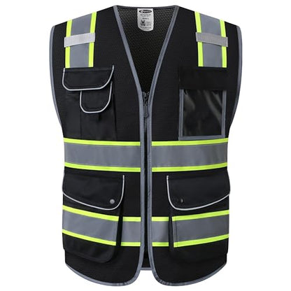 JKSafety 9 Pockets High Visibility Zipper Front MESH Black Safety Vest | Black with Dual Tone High Reflective Strips | ANSI/ISEA Standards (100-Black, M) - color: Mesh-black, size: Medium